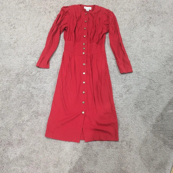 Vintage Button front long sleeve red dress Susan Bennett size 8 - Picture 1 of 12
